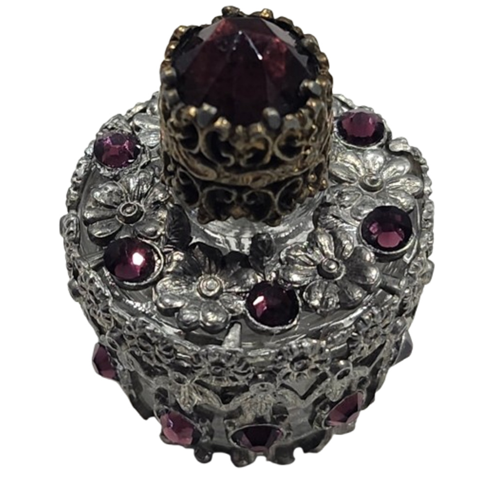 Vtg Irice Czech Glass Crown Shaped Perfume Bottle Encased in Filigree